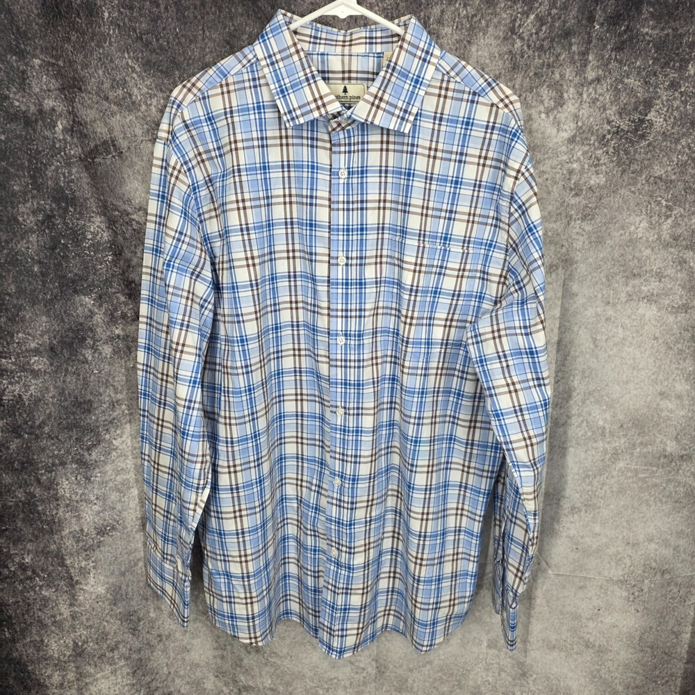 Southern‎ Pines Shirt Mens XL Blue Plaid Long Sleeve Button Up Preppy